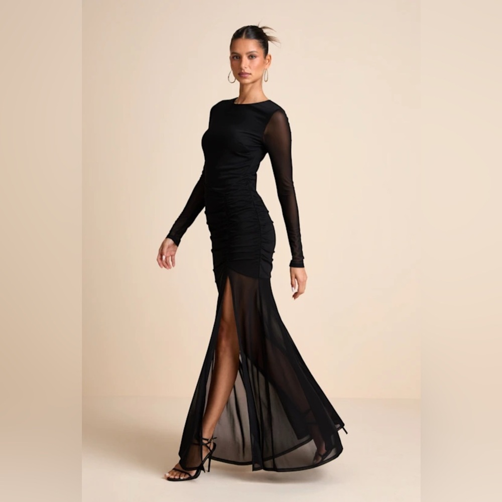 Lulus Vibrant Poise Black Mesh Ruched Maxi Dress